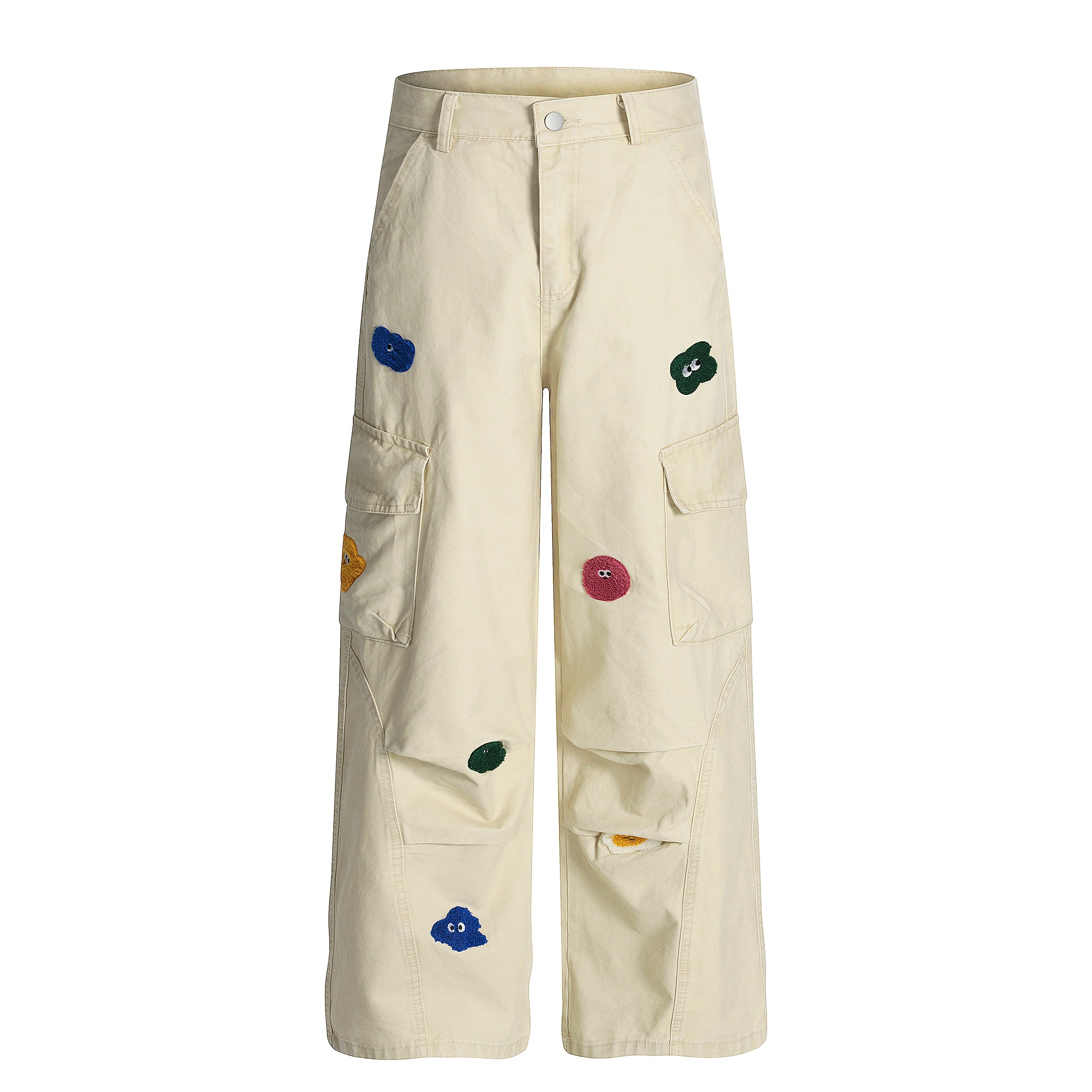 Chenille Cartoon Patch Cargo Pants | Wide-Leg Streetwear