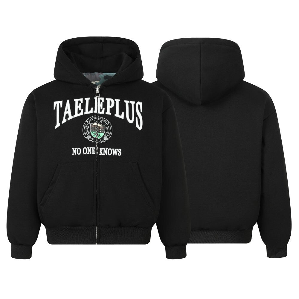 Reversible Camo Varsity Hoodie Jacket | TAELEPLUS Logo