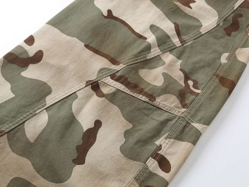 Close-up of camouflage pants leg panel with angled seam and camouflage print