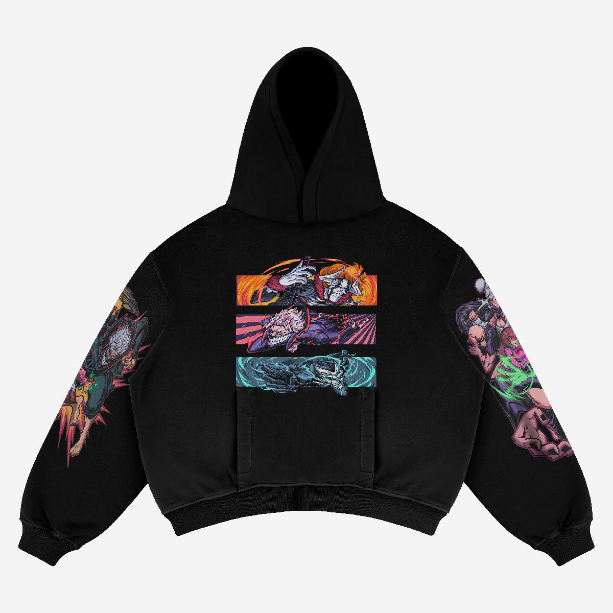 The Dandadan Full-Color Hoodie, made from premium 360 GSM cotton, showcases a multi-panel anime character design with vibrant graphics on the back and sleeves, ideal for fans of dynamic streetwear styles.