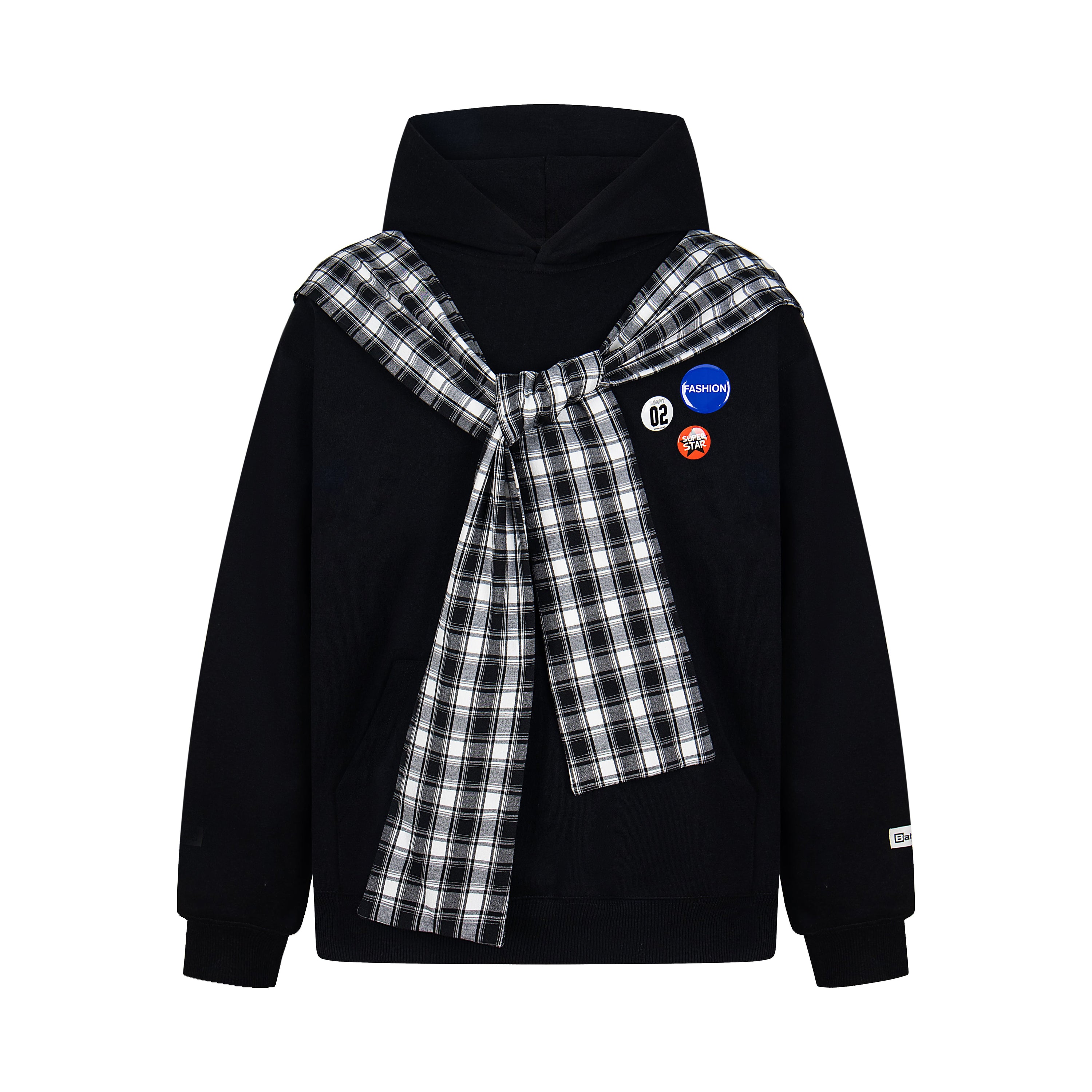 Plaid Scarf Layered Hoodie with Badge Accents | Streetwear