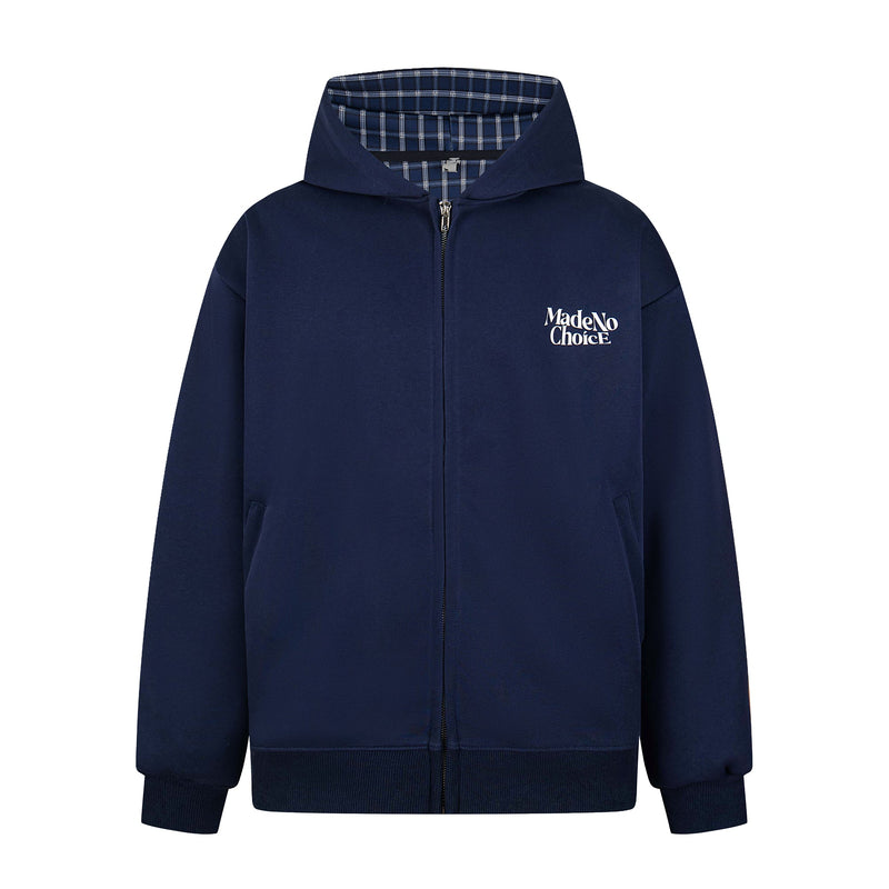 Front view of a navy zip-up hoodie with blue plaid hood lining and MadeNoChoice logo