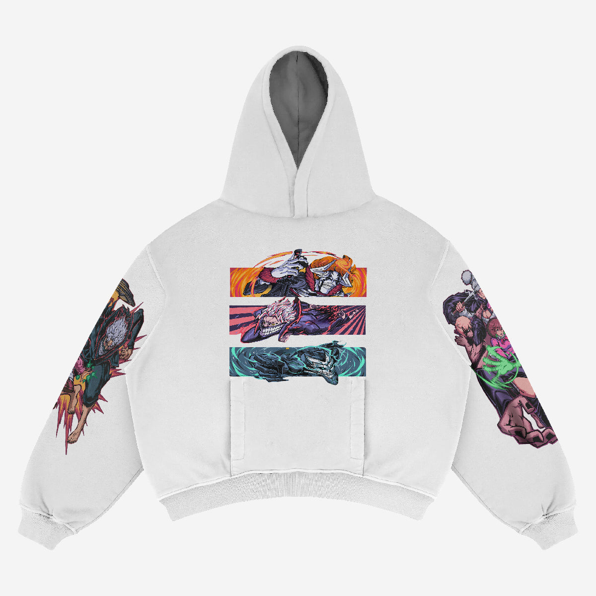 The Dandadan Full-Color Hoodie, crafted in premium 360 GSM cotton, is a streetwear must-have. It features vibrant anime fashion with dynamic characters in action poses on the back and intricate, colorful designs on each sleeve.