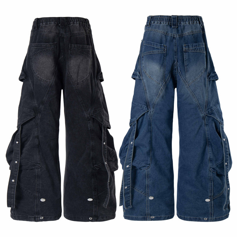 Baggy cargo denim jeans in black and blue, front and back views with oversized leg pockets