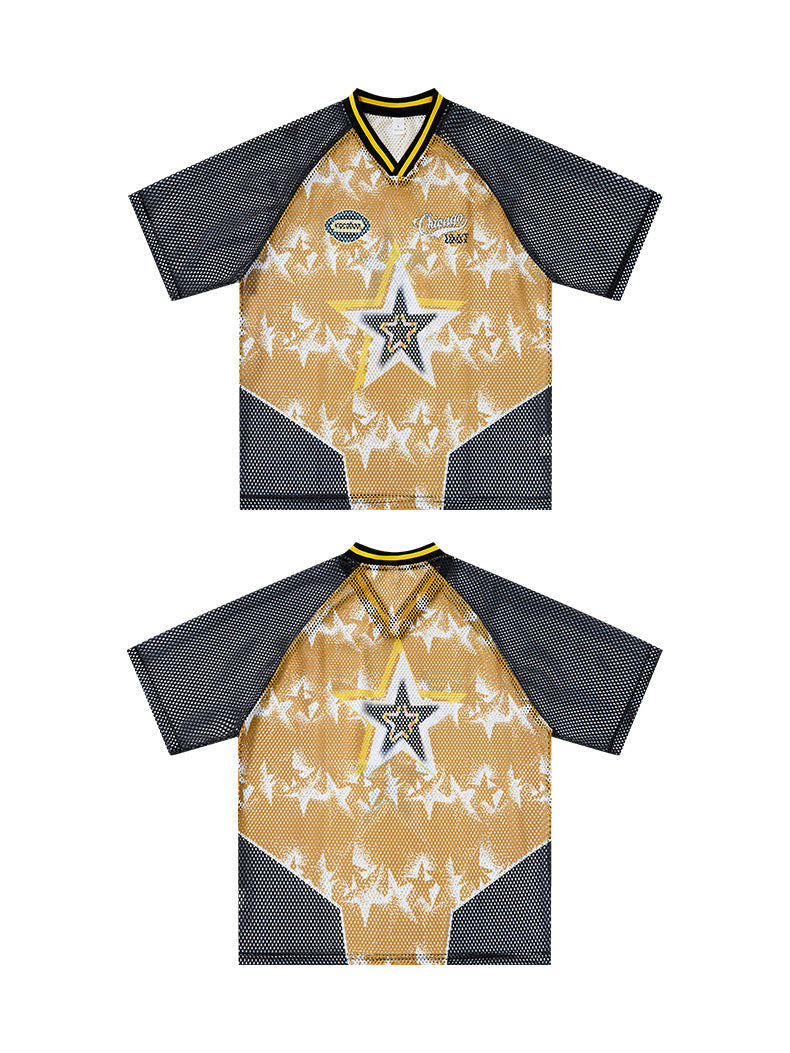 Gold and black mesh jersey T-shirt with star graphic, V-neck collar, and short sleeves displayed front and back