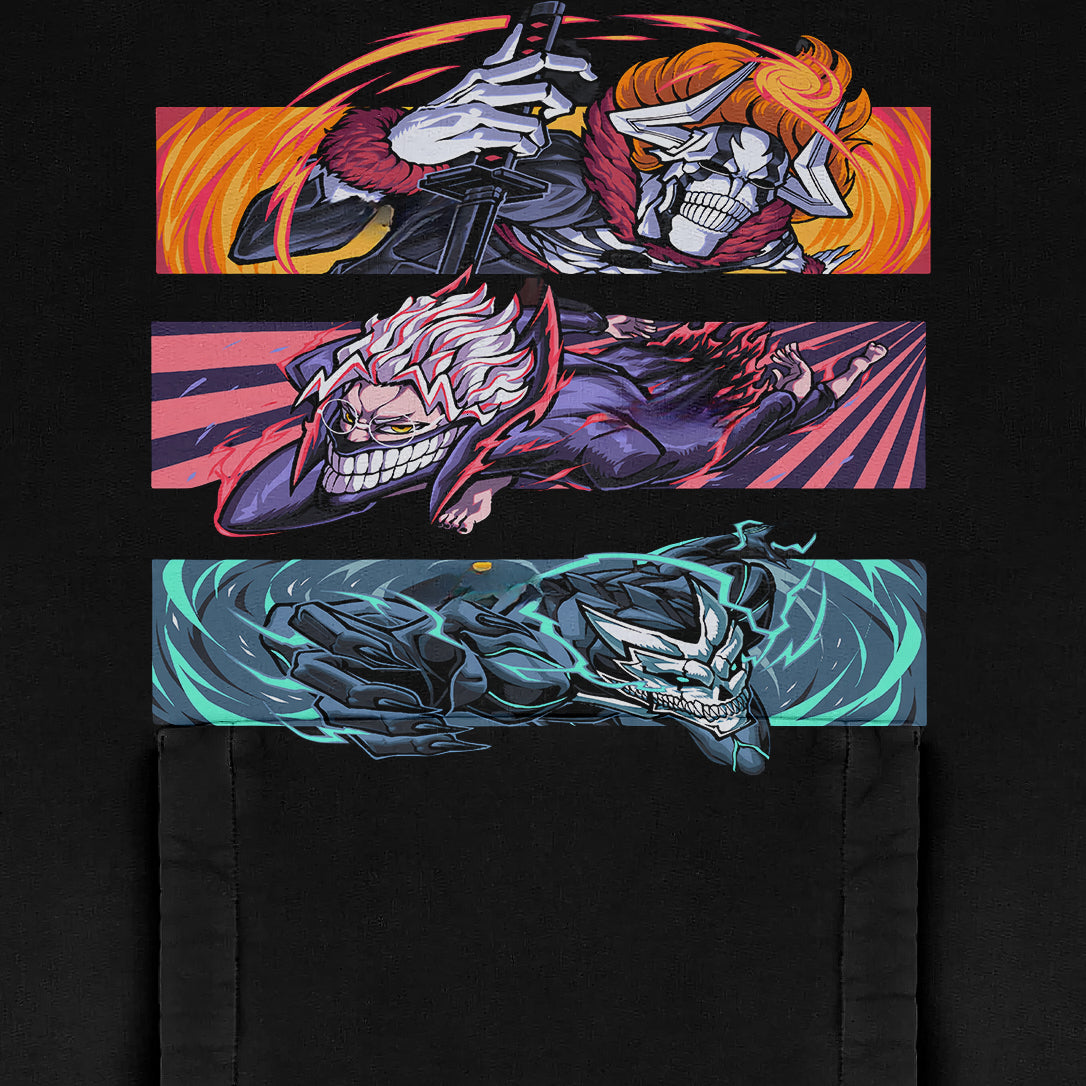 The Dandadan Full-Color Hoodie features multi-panel anime characters on a black background, showcasing a flaming-haired warrior, a skeletal-grinned figure with spiked hair, and a blue mechanical icon. Crafted from premium 360 GSM cotton, it exudes cutting-edge streetwear vibes.