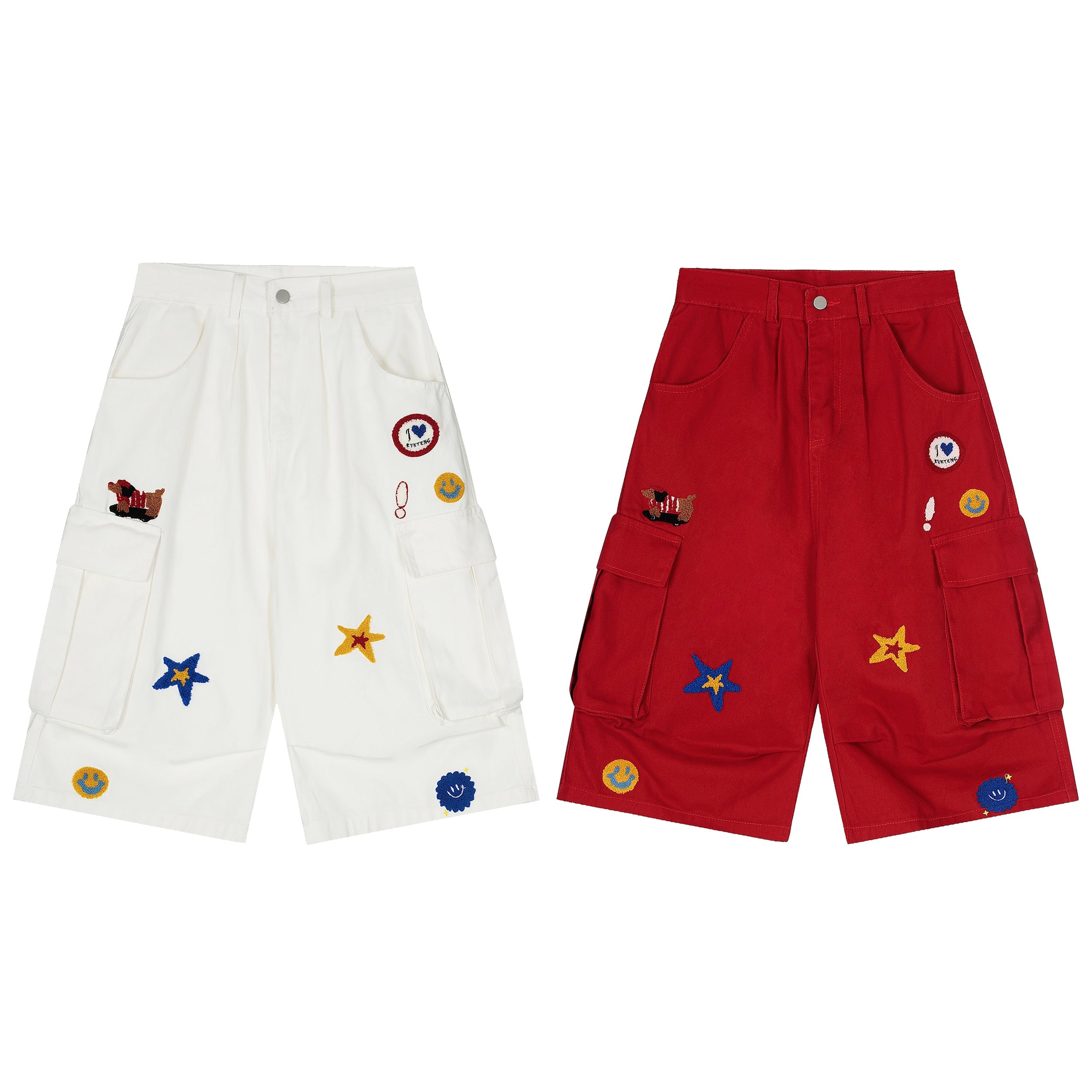 White and red wide-leg cargo shorts with colorful embroidered star, smiley, and bear patches on white background