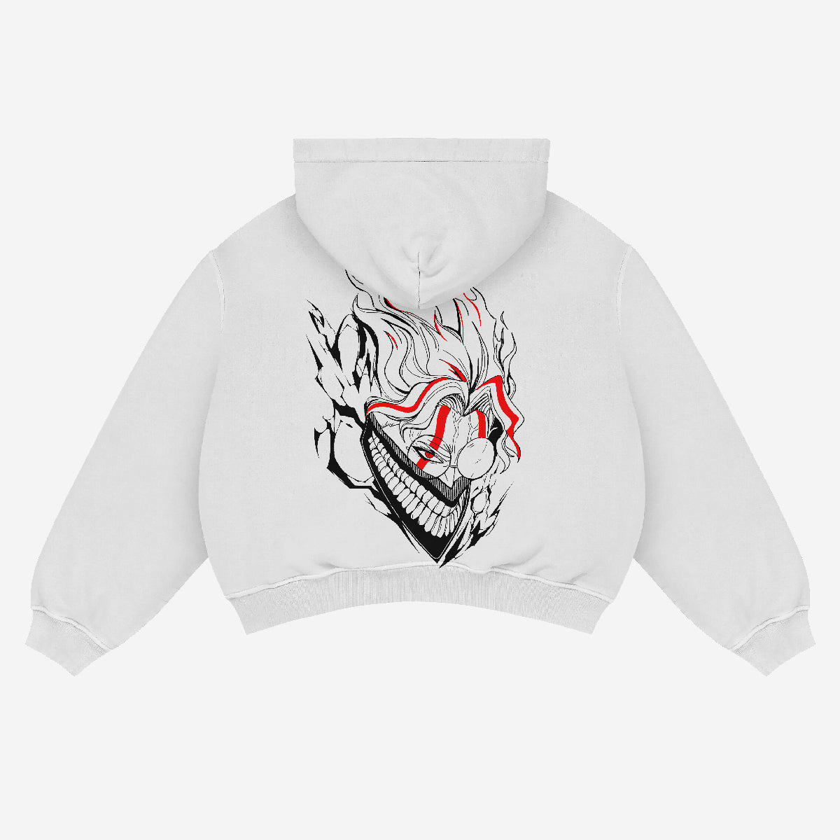 The Dandadan Hoodie in 360 GSM cotton features a white design with a bold back illustration of a grinning skull engulfed in flames and red accents, perfect for anime fans. It includes a front pocket, drawstring hood, and minimalist Okarun line art flair.