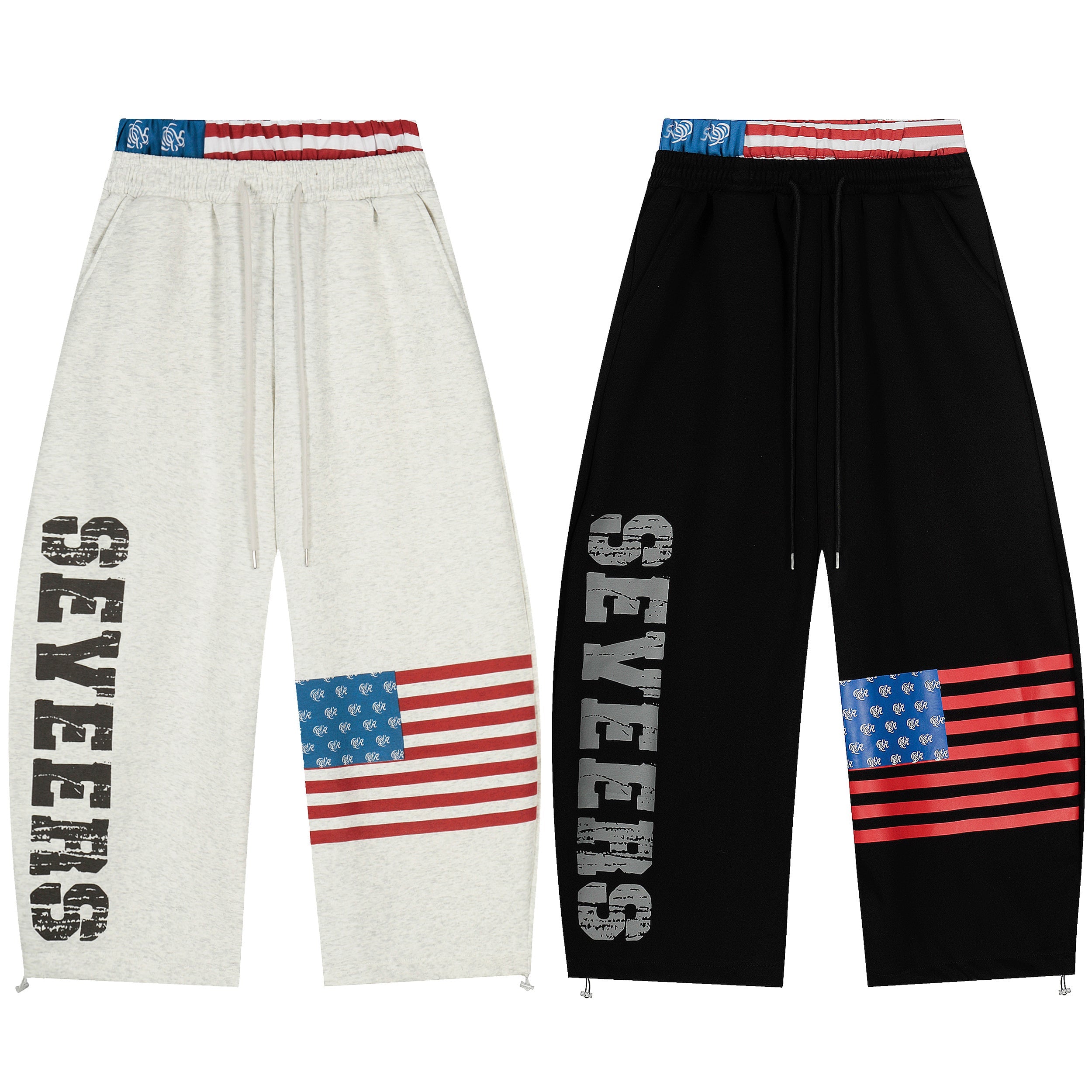 Heather grey and black wide-leg sweatpants with vertical SEVEERS print, American flag graphic, and red white blue waistband