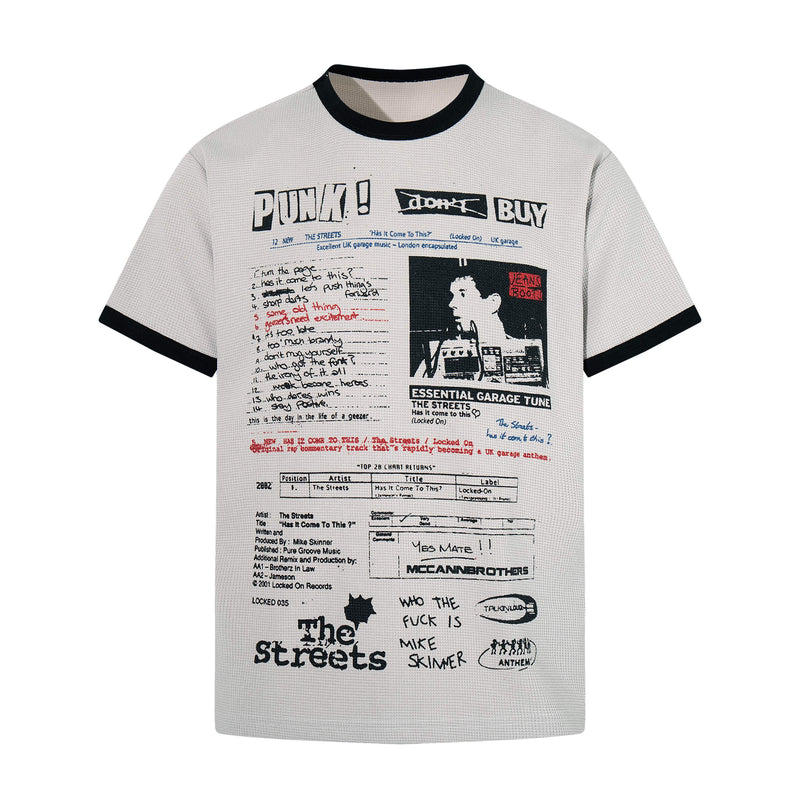 White ringer T-shirt with punk collage graphics and black trim, featuring The Streets-inspired editorial print