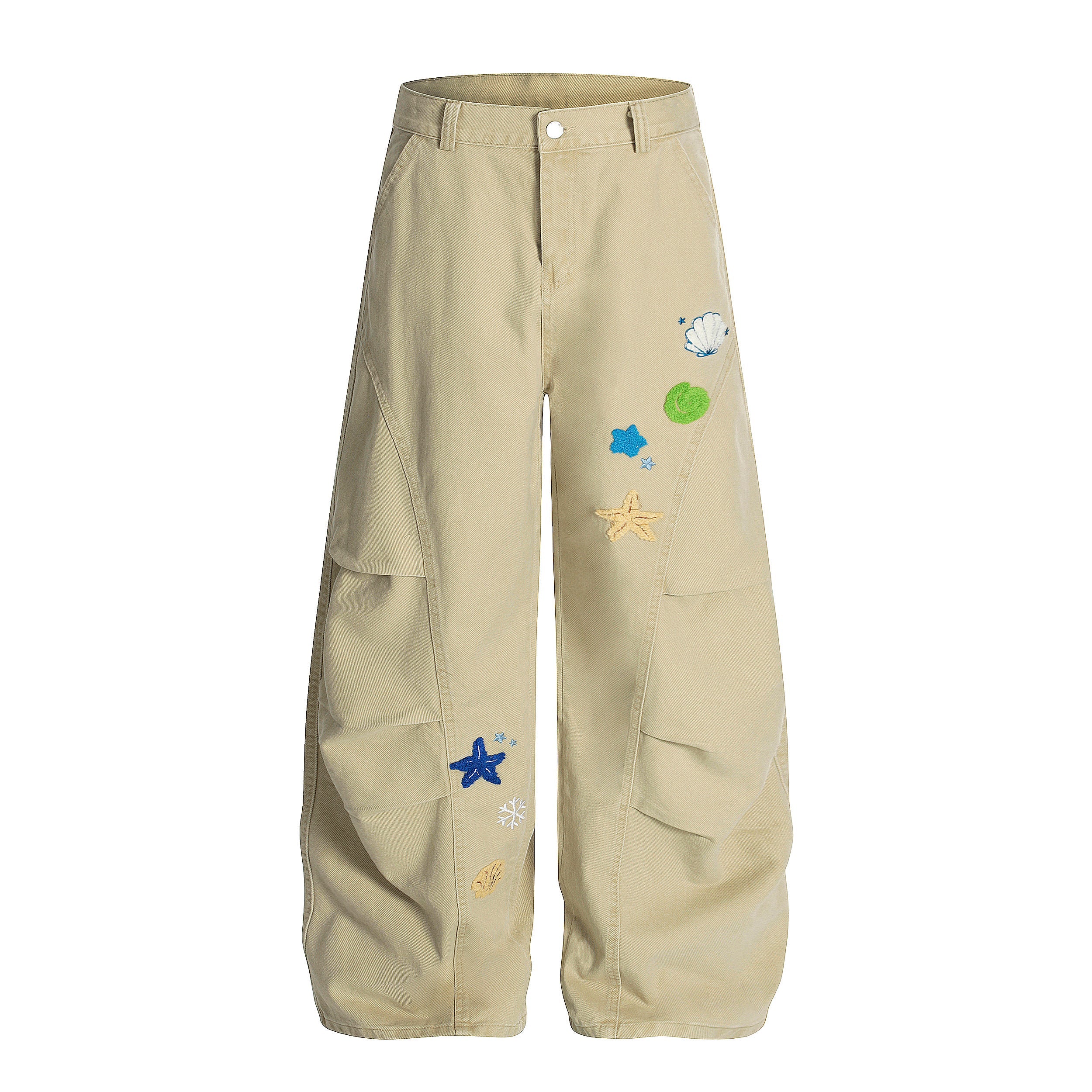 Sea Shell Embroidered Wide-Leg Cargo Pants | Coastal Streetwear