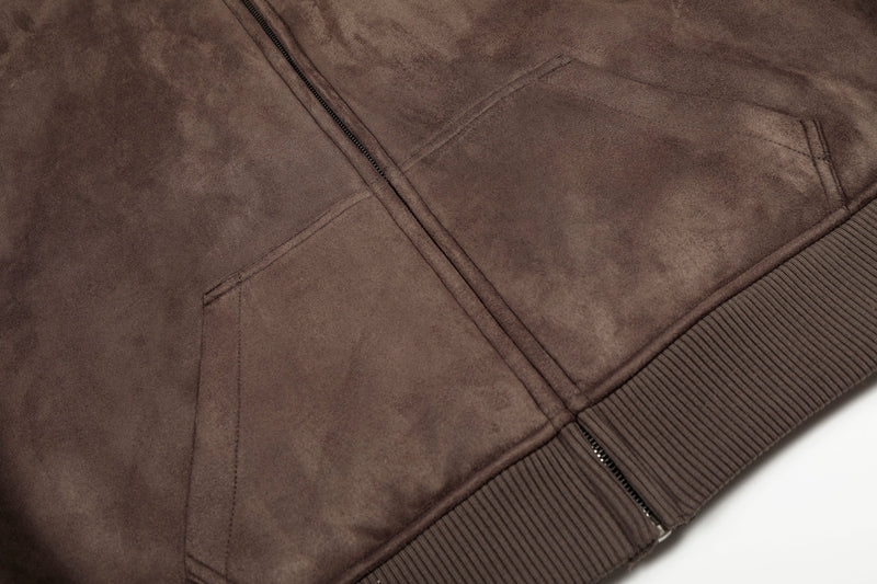 Fleece-Lined Brown Suede-Texture Zip Hoodie Jacket