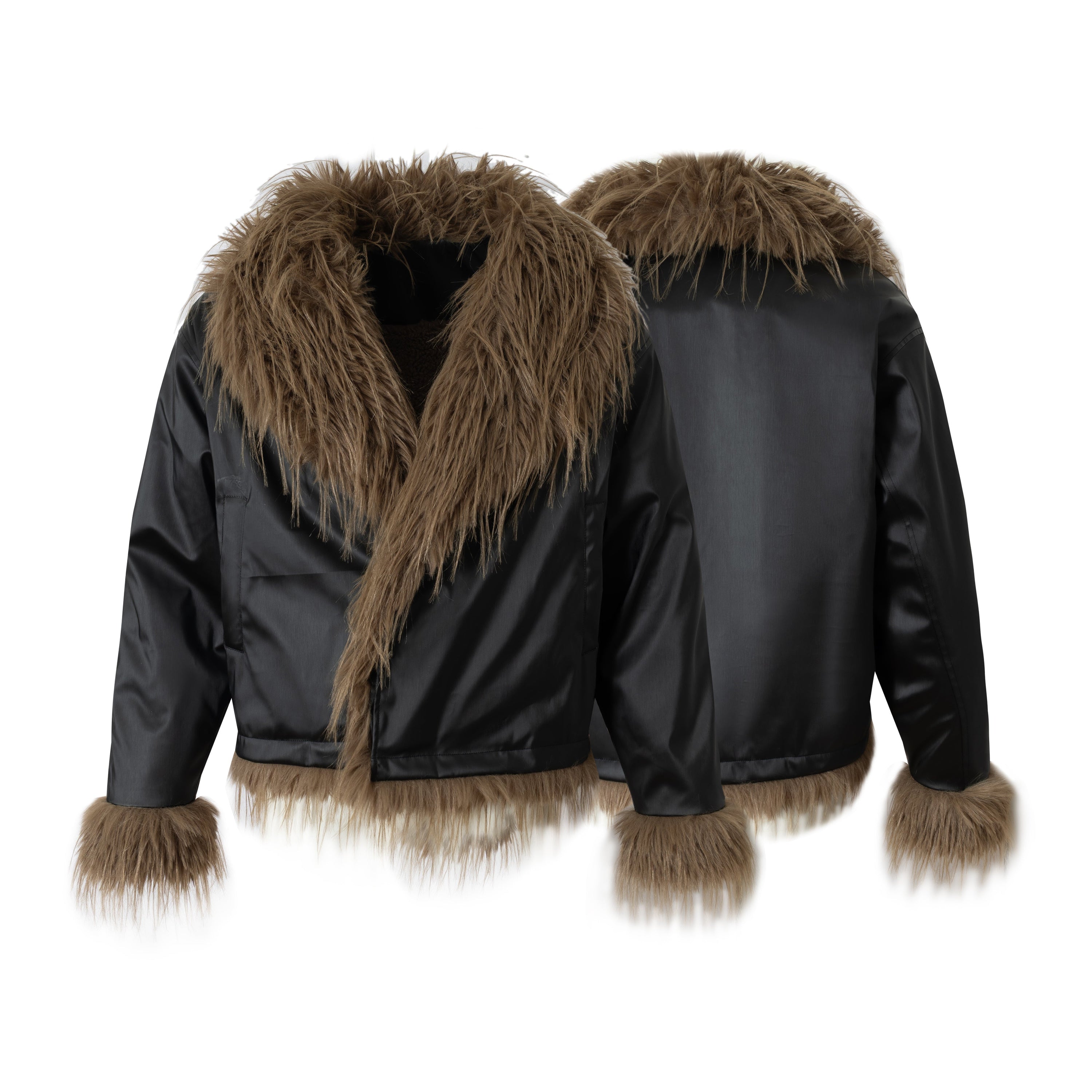 Black faux-leather cropped bomber jacket with taupe faux-fur collar, cuffs, and hem trim, shown front and back views