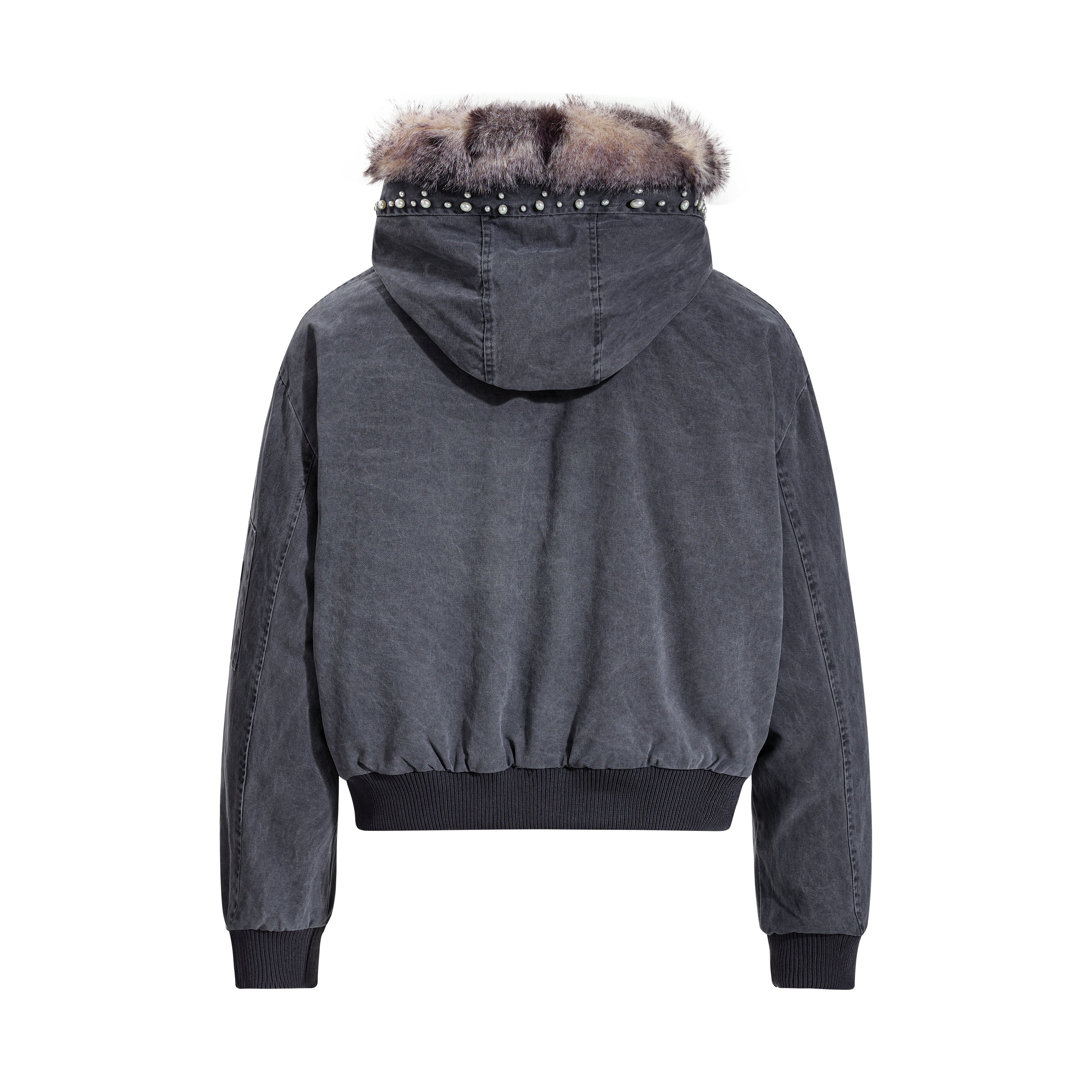 Studded Faux Fur-Trim Hooded Bomber Jacket | Washed Cotton