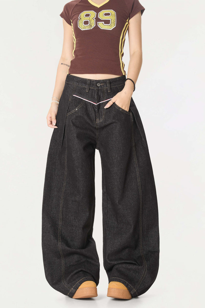 Omirad Contrast Piping Wide-Leg Jeans | Retro Street Denim
