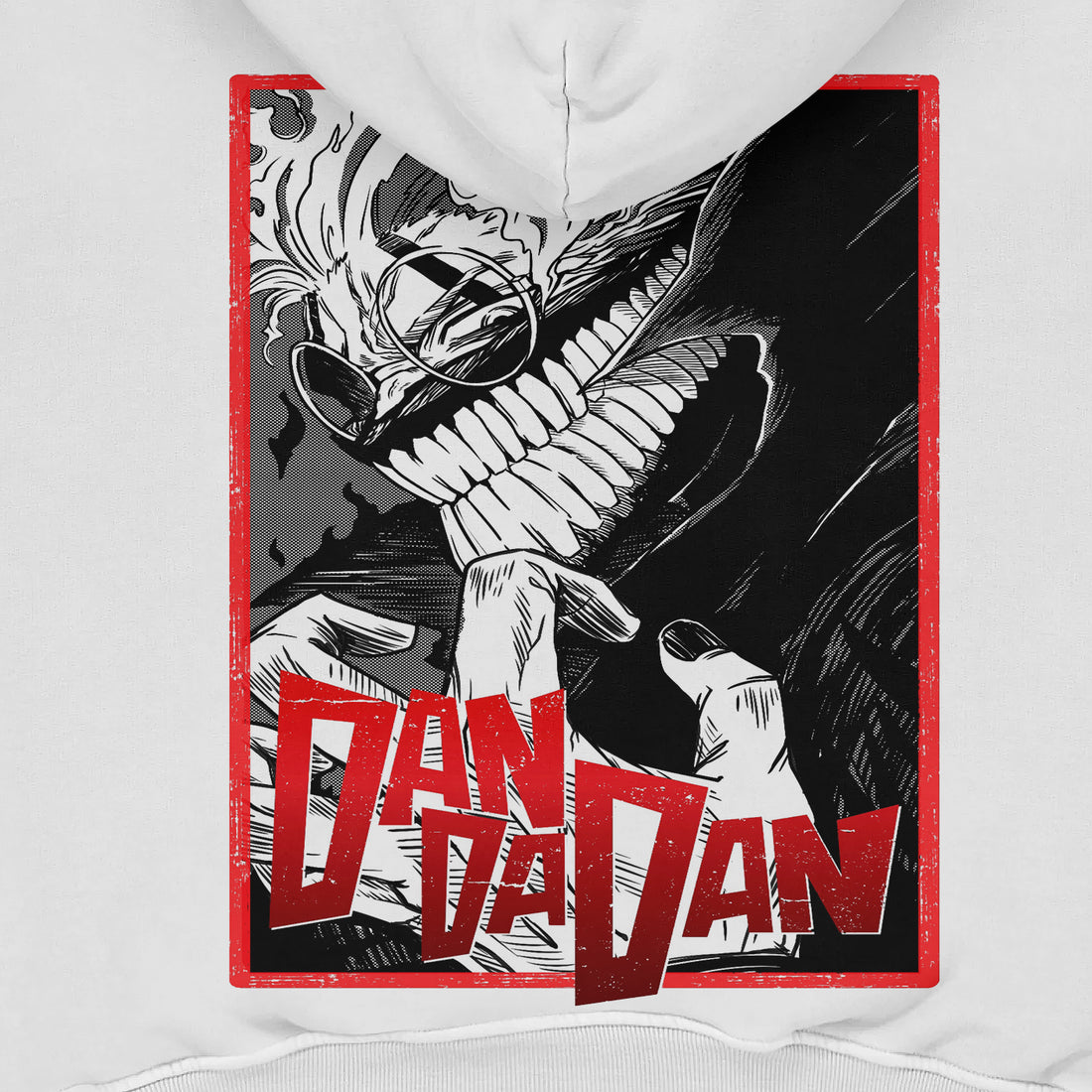 This unisex Dandadan Hoodie features a dramatic monochrome design of a figure with sharp teeth and sunglasses, bordered in red. The word &quot;DANDADAN&quot; is prominently displayed in red text, resembling an intense manga panel. Made from premium 360 GSM cotton for streetwear style.