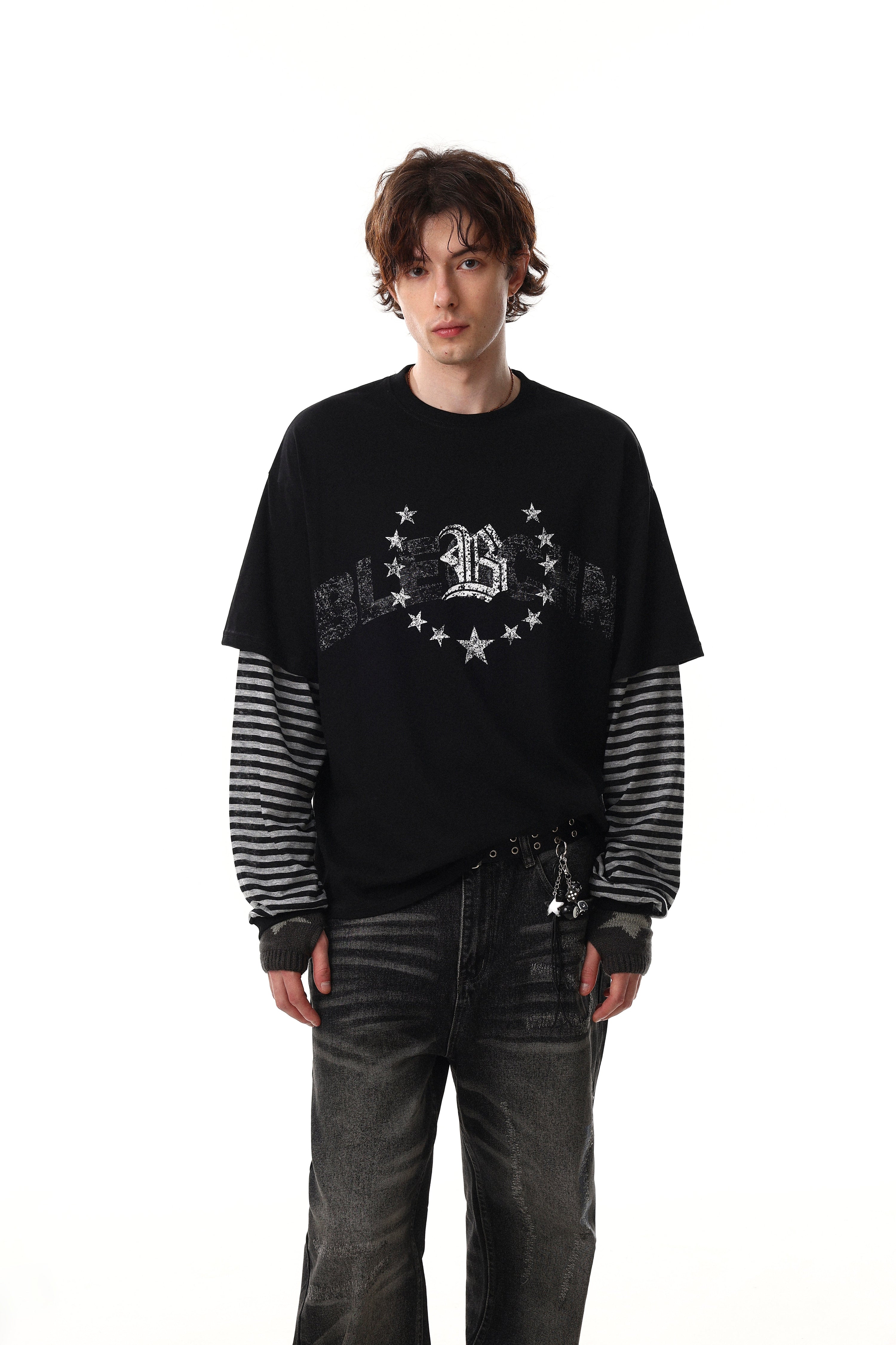 Men's Layered Graphic Long Sleeve Tee | Striped Sleeves