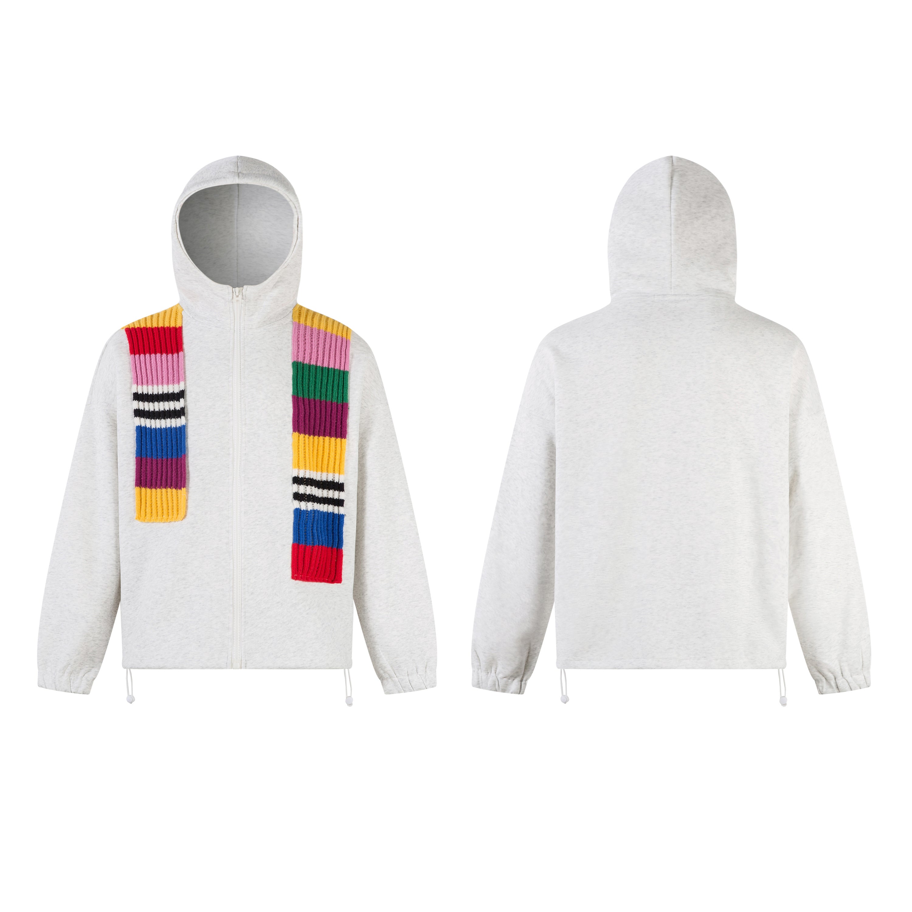 Front and back view of a light grey hooded zip jacket with a detachable multicolor ribbed knit scarf on a white background
