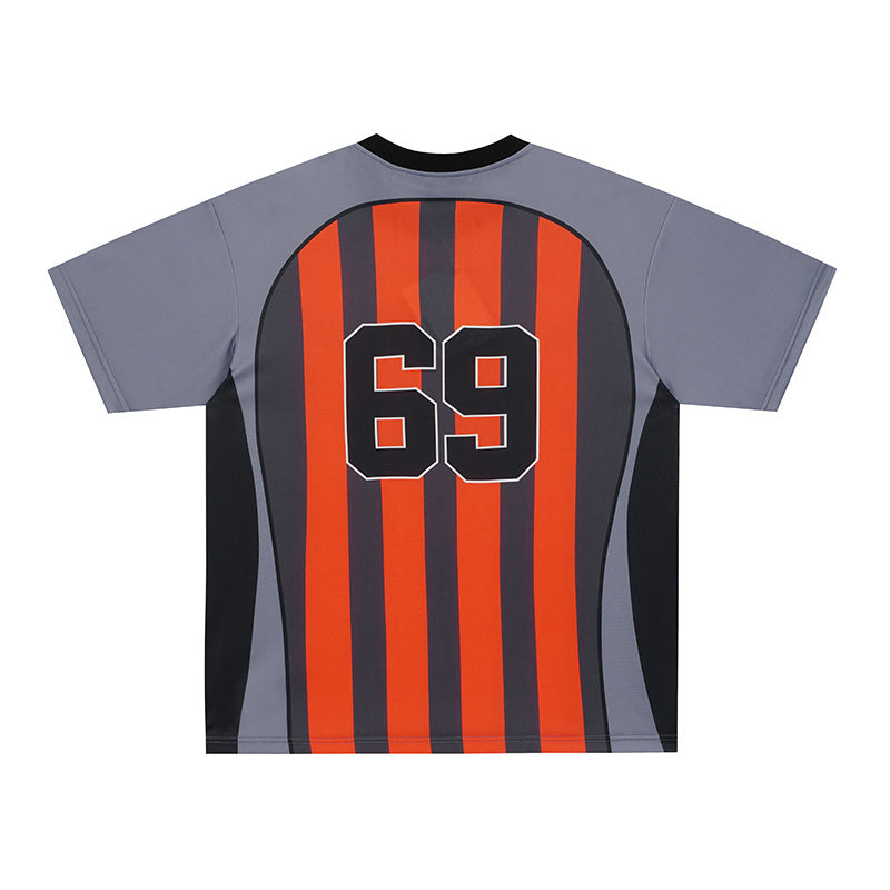 Gray and black football jersey with orange vertical stripes and large number 69 on the back