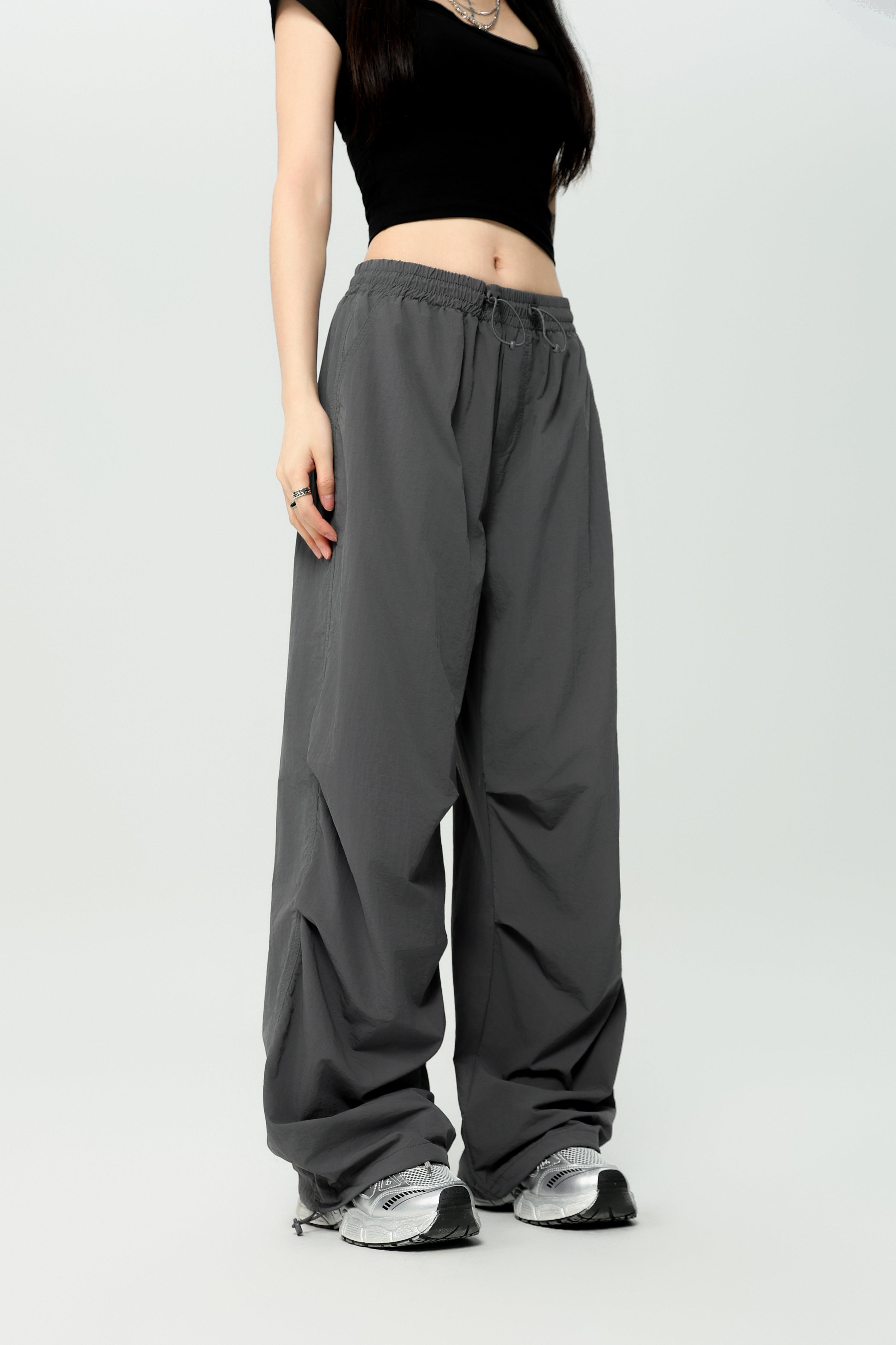 Lightweight Nylon Drawstring Parachute Pants | Wide Leg
