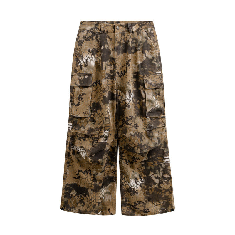 Brown wide-leg cargo pants with snakeskin camo print and flap pockets, front view