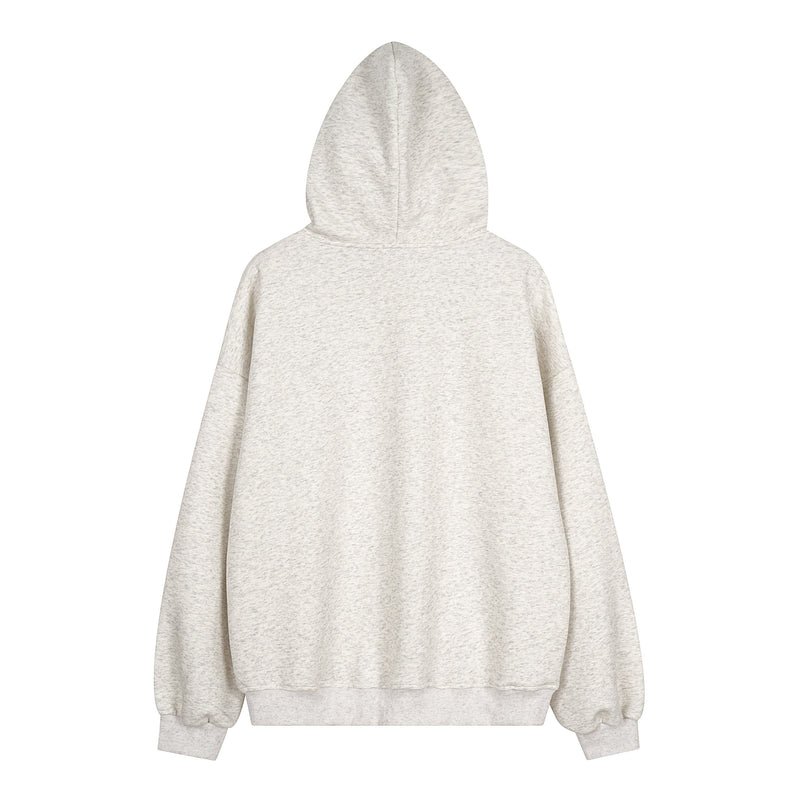 Light heather gray oversized hoodie shown from the back with hood up