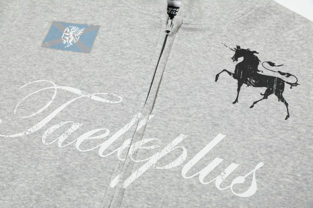 Taeleplus Contrast Sleeve Graphic Zip-Up Hoodie | Streetwear