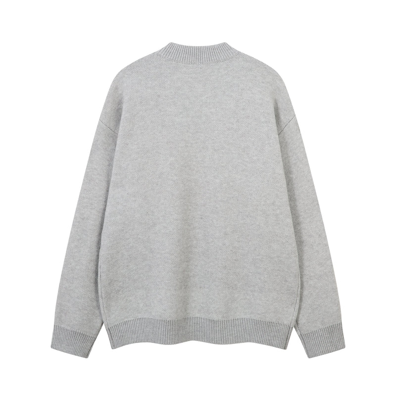 Gray knit sweater back view with plain ribbed crew neck and hem