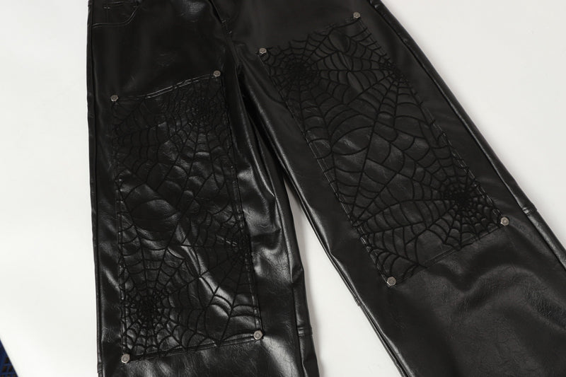 Spider-Web Embossed Faux Leather Wide-Leg Pants | Omirad