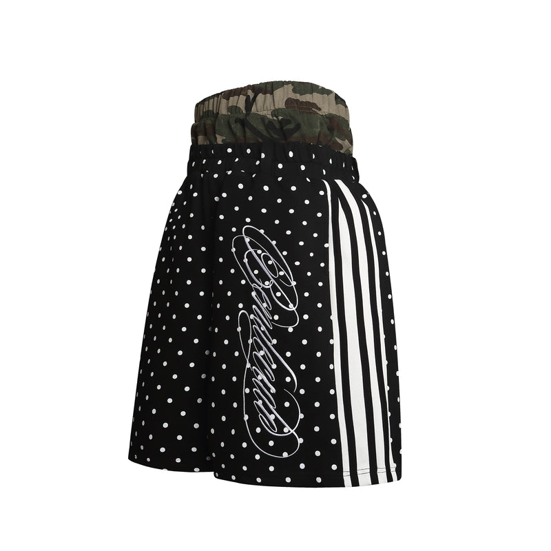 Black shorts with white polka dots, camo elastic waistband, and white side stripes, front view