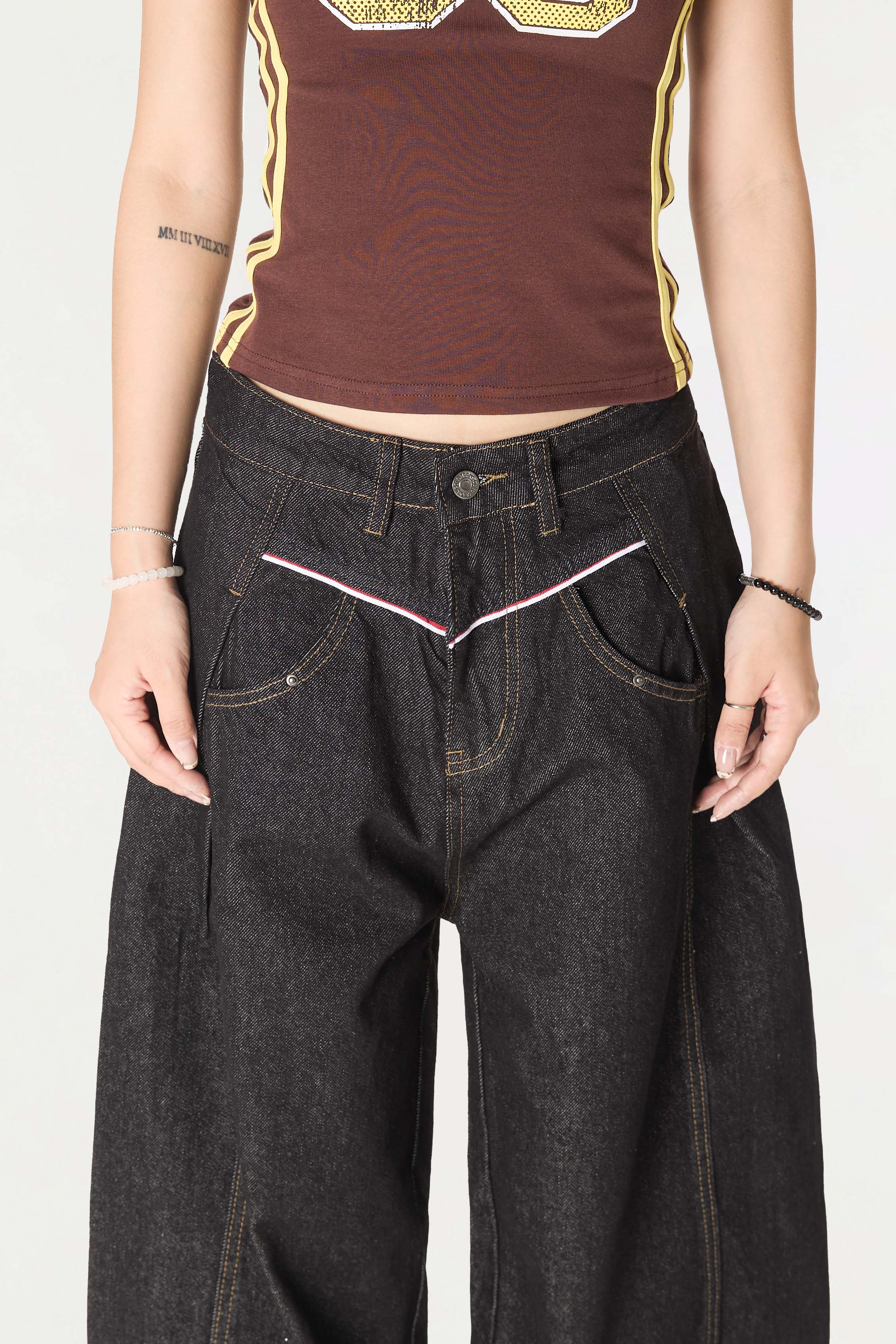 Omirad Contrast Piping Wide-Leg Jeans | Retro Street Denim