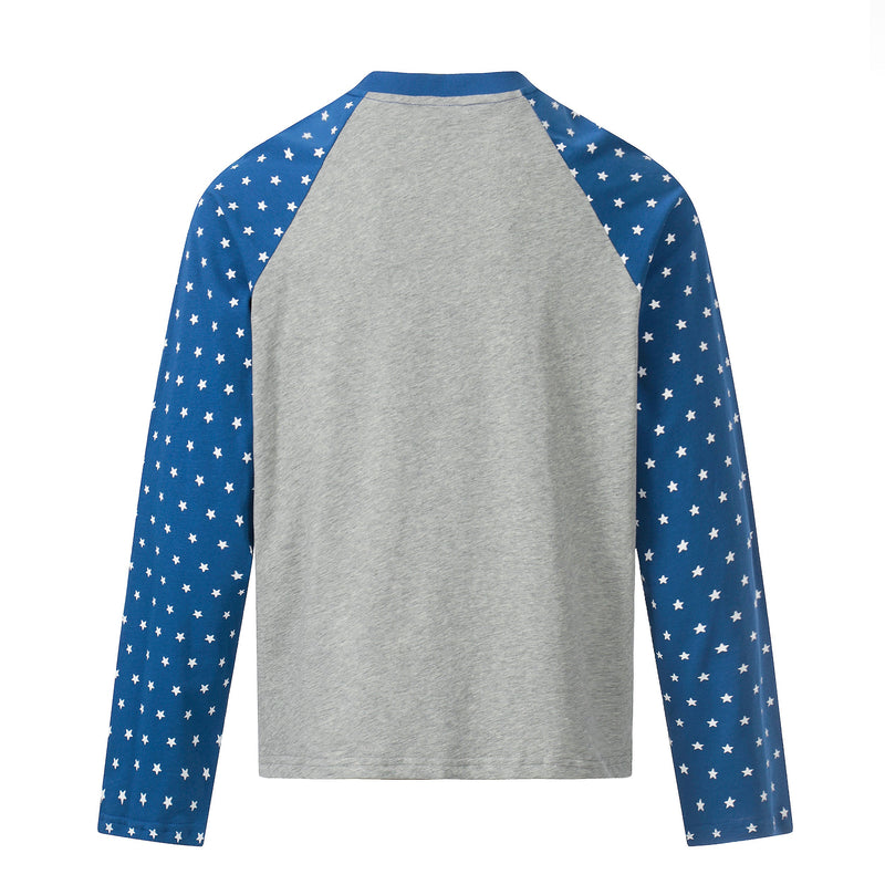Back view of gray raglan long sleeve tee with blue star-print sleeves