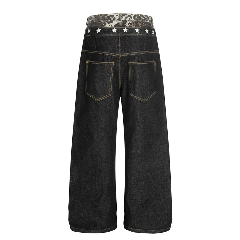 Back view of black wide-leg jeans with leopard waistband, white star trim, and two back pockets