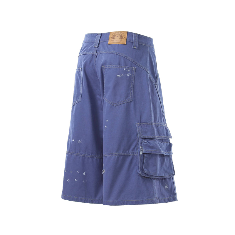 Blue cargo shorts angled back view showing back pockets and side cargo flap pockets