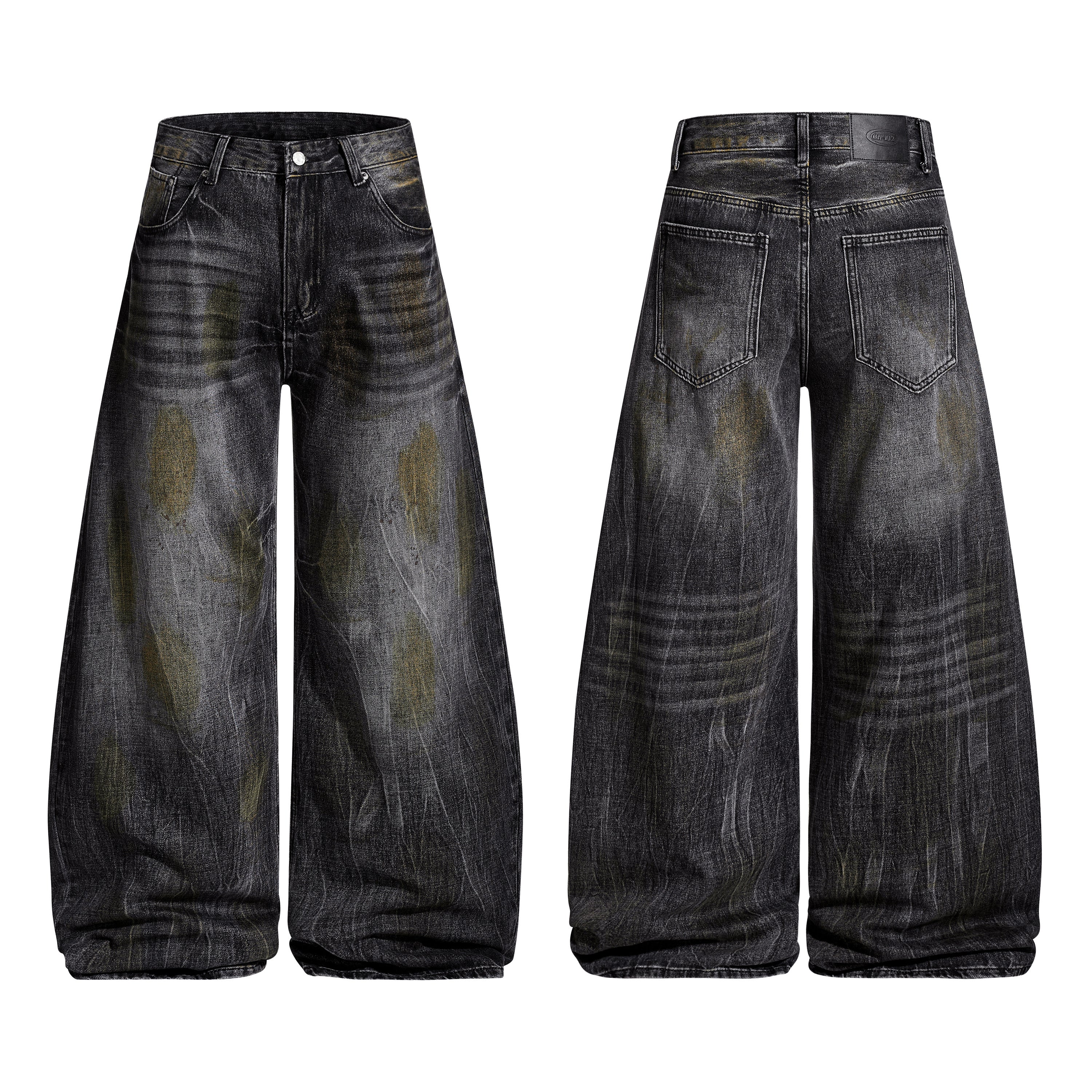 Front and back view of black-grey vintage washed curved wide-leg denim jeans with olive distressing and heavy fade detailing
