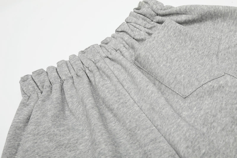 Gray gathered waistband detail on wide lounge shorts
