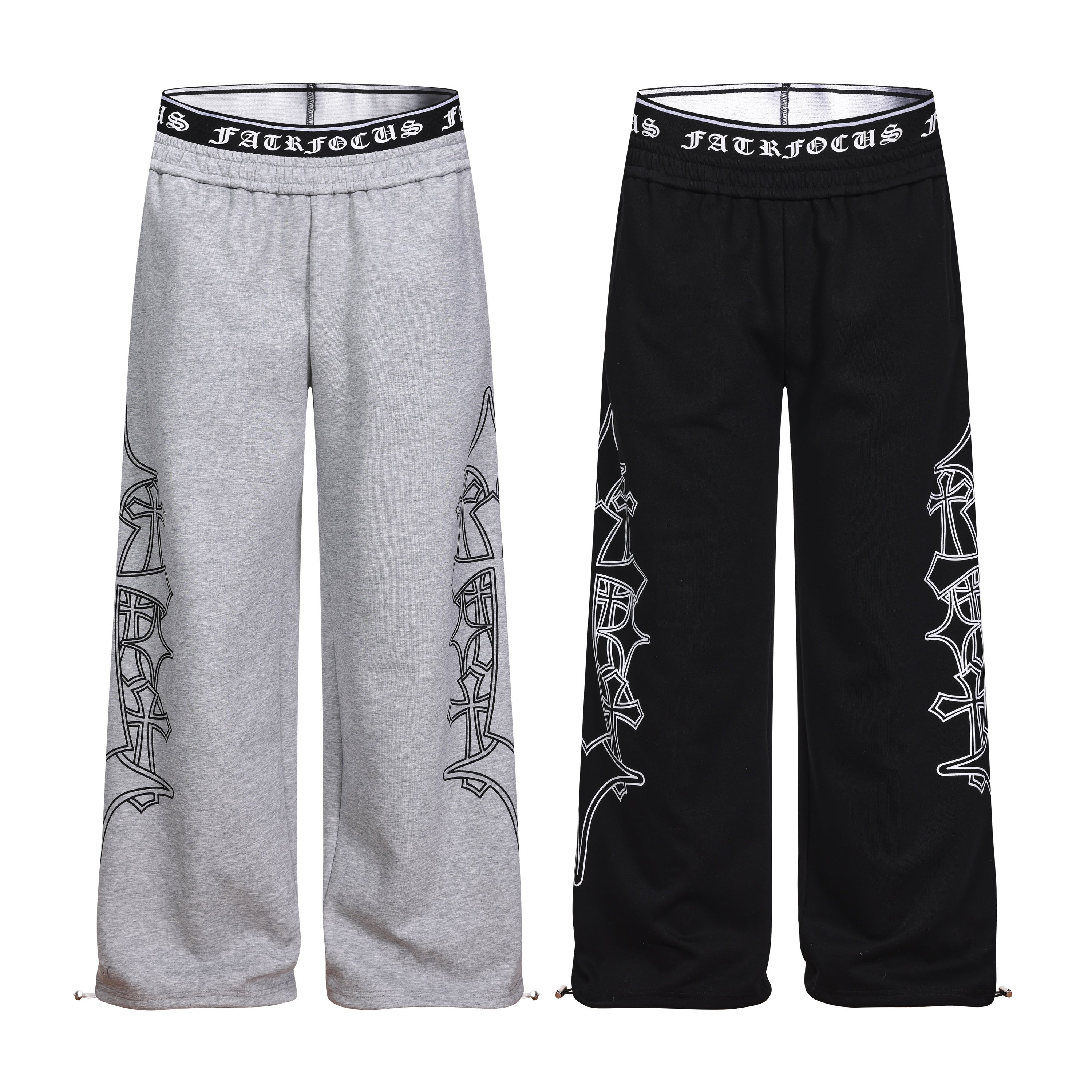 Heather grey and black wide-leg sweatpants with gothic cross outline graphics and branded elastic waistband, displayed side b