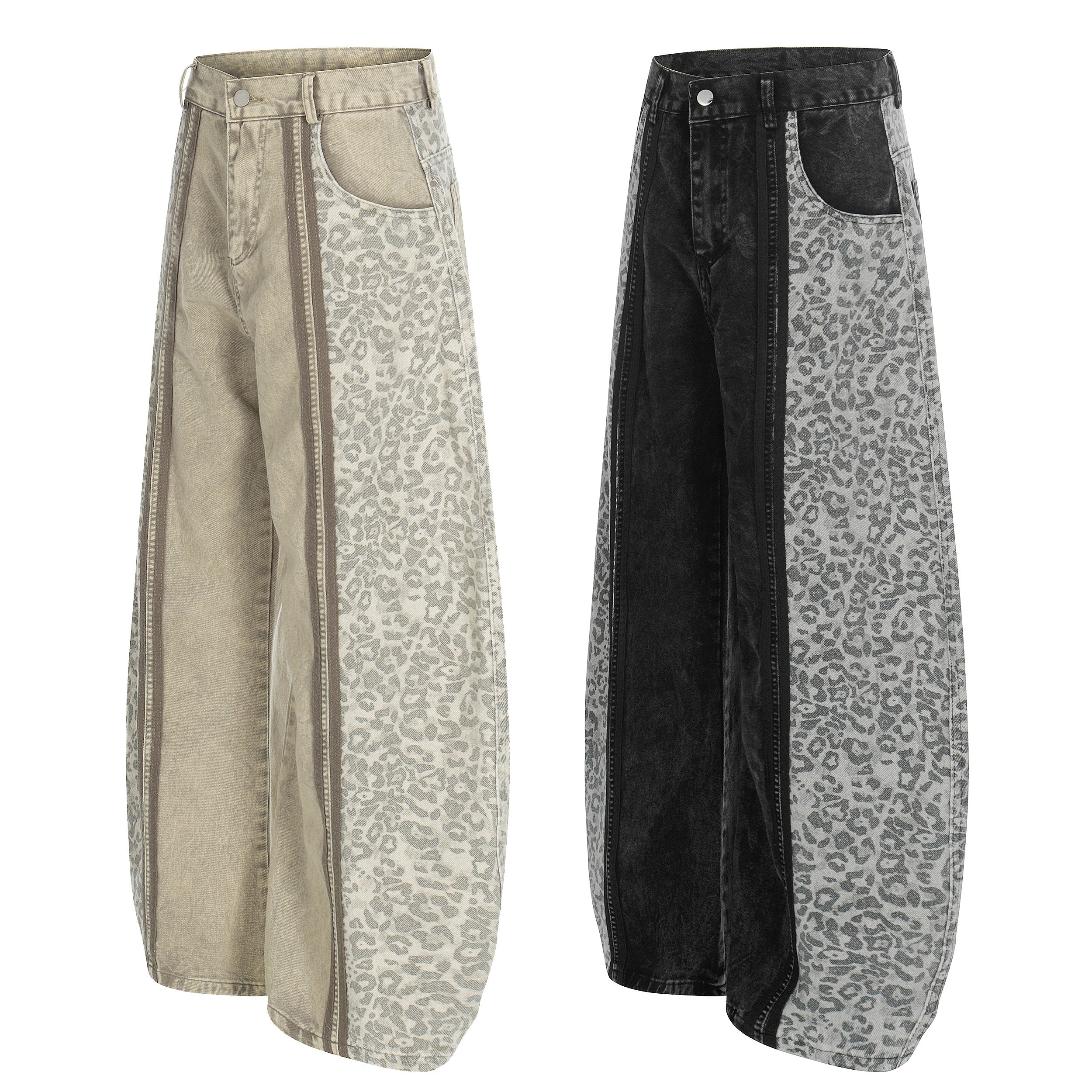 Leopard Panel Wide-Leg Denim Pants | Streetwear Jeans