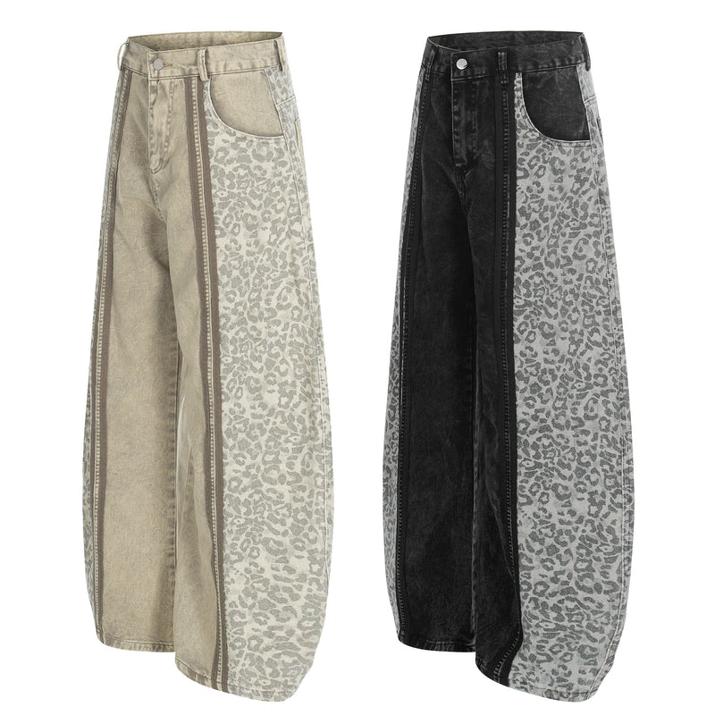 Leopard panel wide-leg denim pants in beige and black, front view