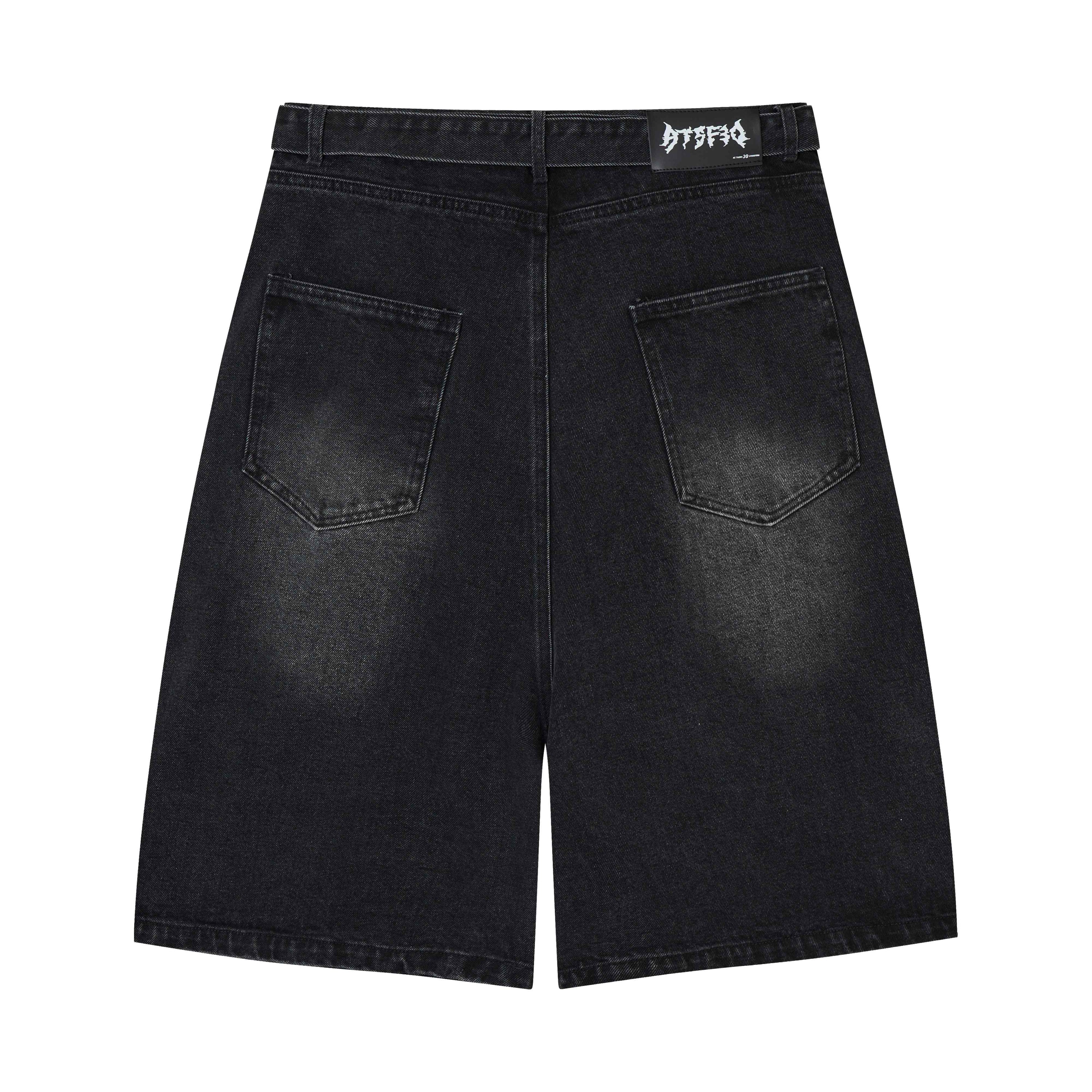 Spiderweb Panel Strap Denim Shorts | Washed Black Streetwear
