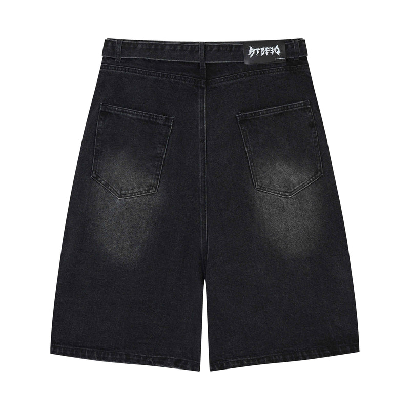 Back of washed black denim shorts with plain pockets and logo waistband patch