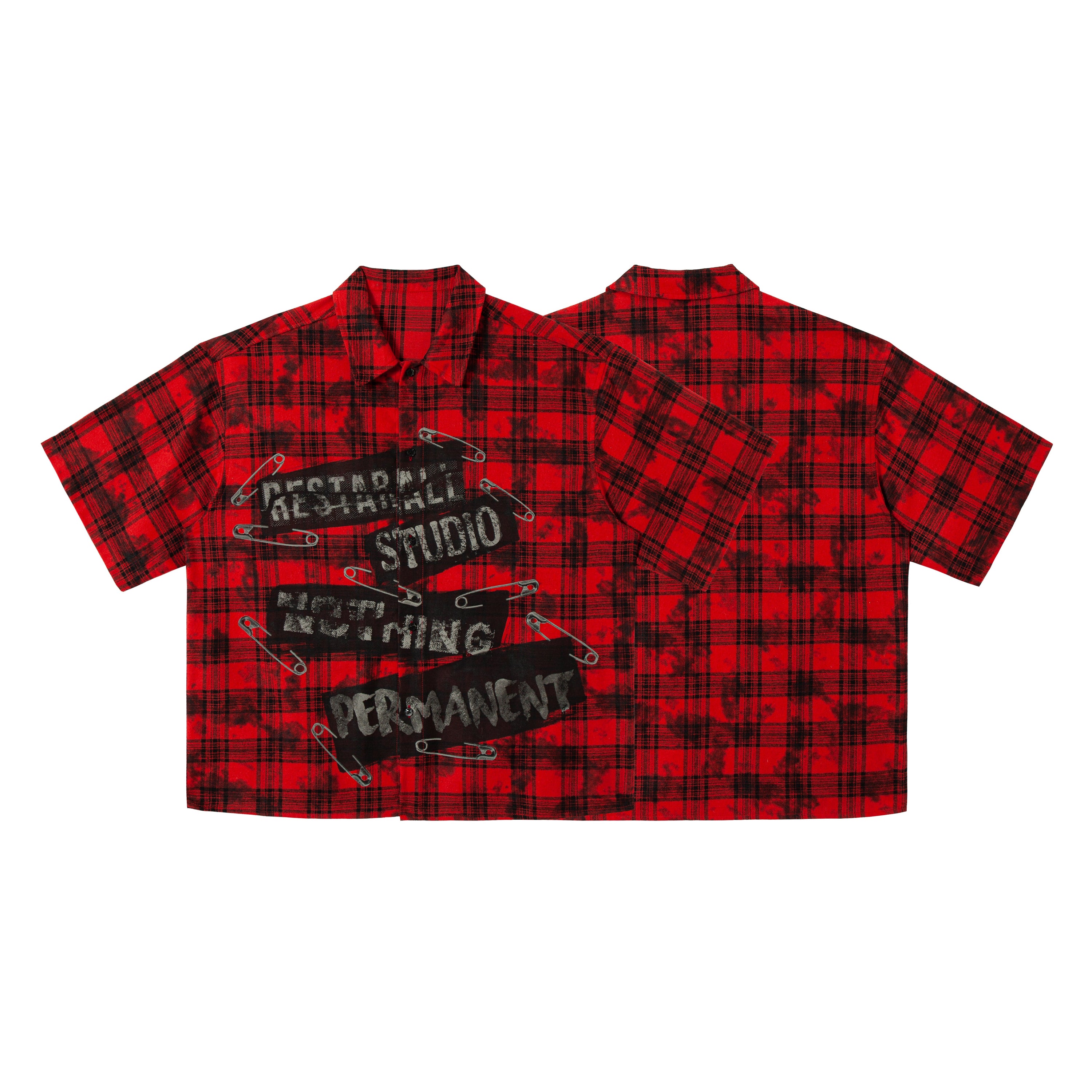 Front and back view of a red and black plaid cropped button-up shirt with distressed punk graphic print and safety pin detail