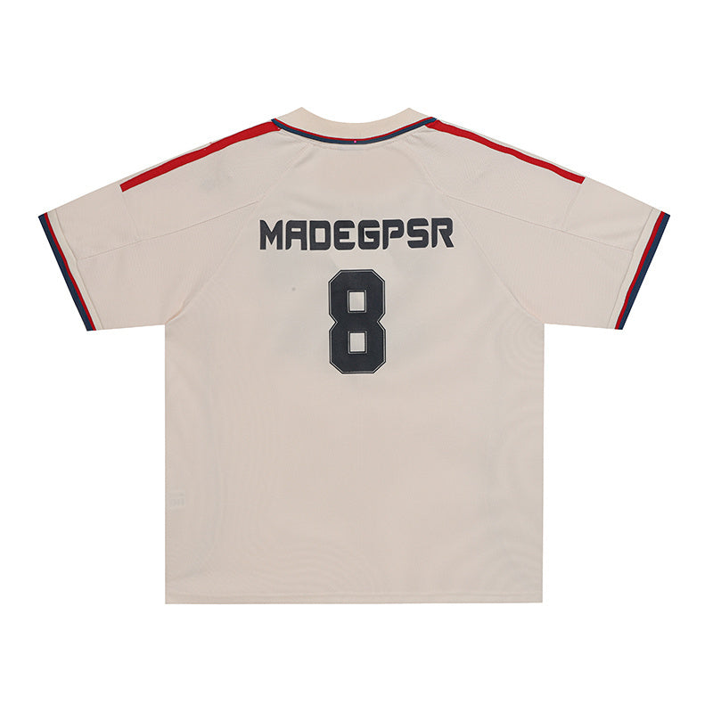 Beige football polo jersey with red and navy trim, number 8 and MADEGPSR graphic on back
