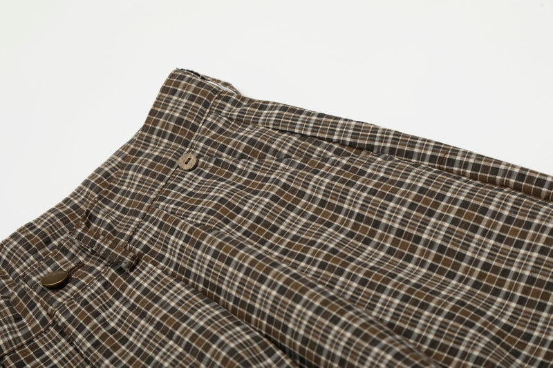 Vintage Plaid Wide-Leg Pants | 100% Cotton Pleated Trousers