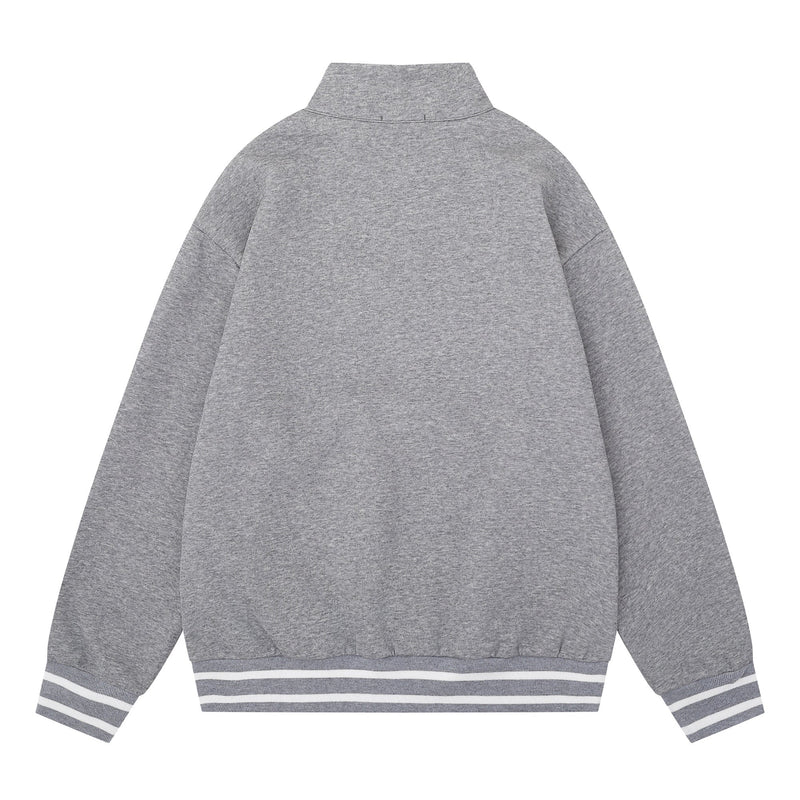 Back view of gray half-zip mockneck sweatshirt with striped hem and cuffs