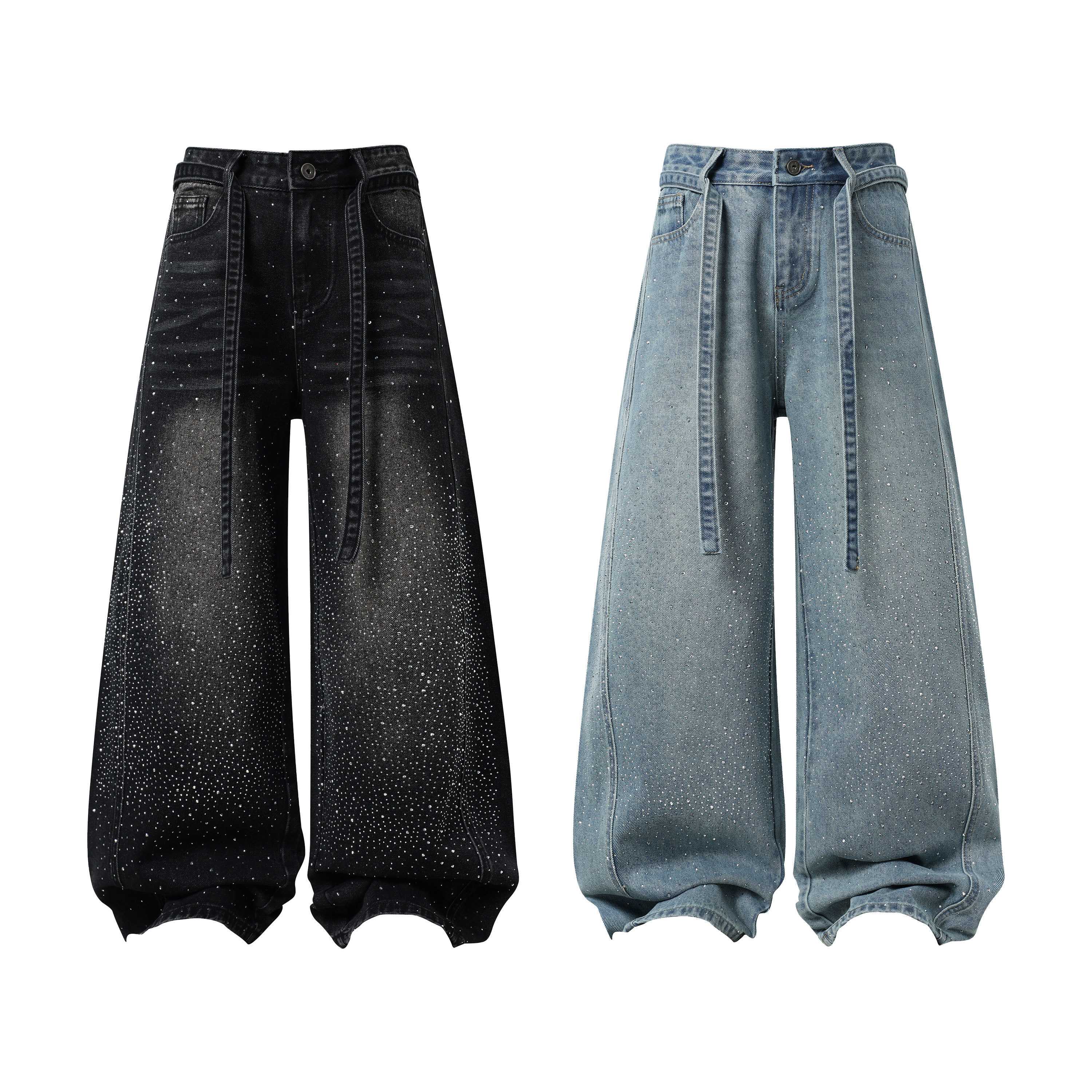 Omirad Starlight Dust wide-leg baggy jeans in washed black and light blue with all-over rhinestone speckle detailing and stac
