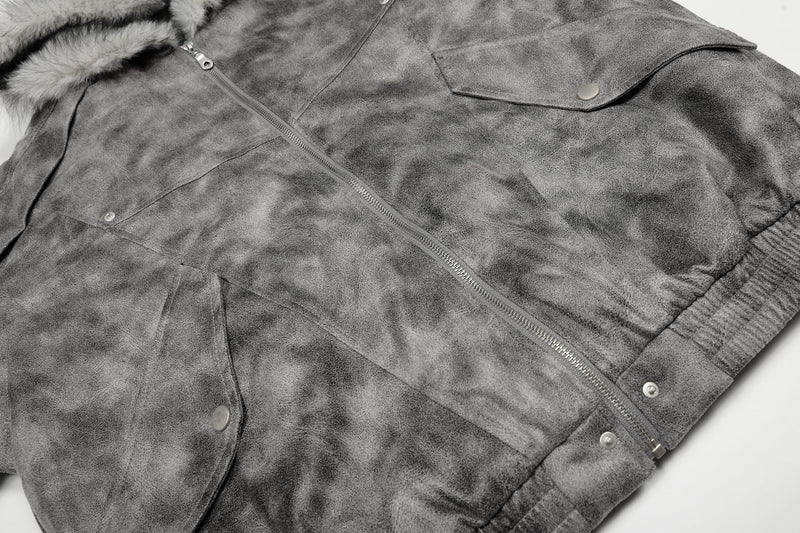 Washed Faux-Fur Hooded Bomber Jacket | Streetwear Winter Coat
