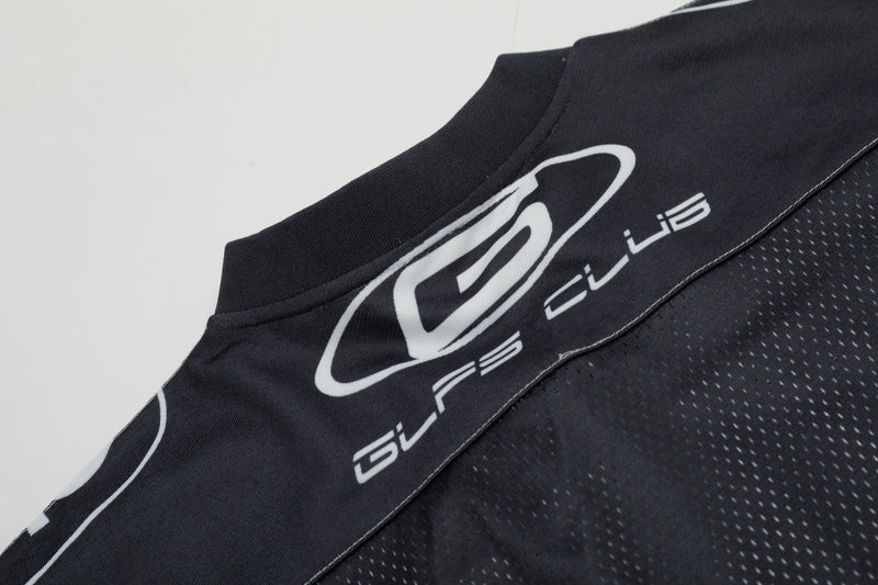 Black mesh jersey with oversized fit and bold white GLFS logo on the chest