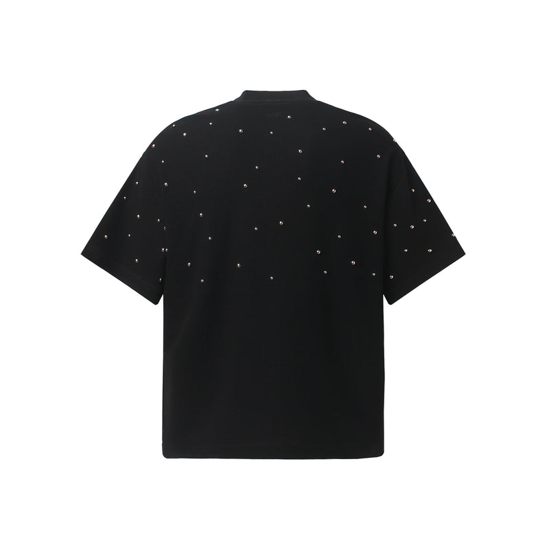 Black oversized T-shirt with scattered rhinestone studs and short sleeves, shown flat on a white background