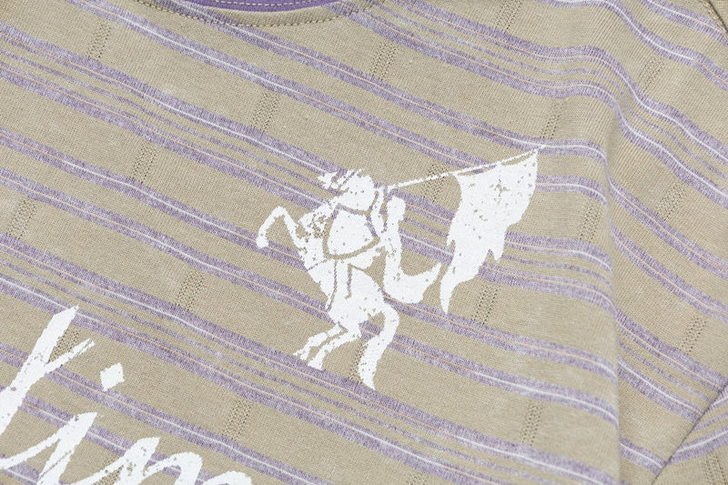 Vintage striped ringer T-shirt in beige and lavender with a distressed cowboy graphic print and retro sporty style